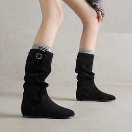 休闲个性百搭褶皱堆堆靴女内增高柔软中筒靴磨砂牛皮复古西部靴子