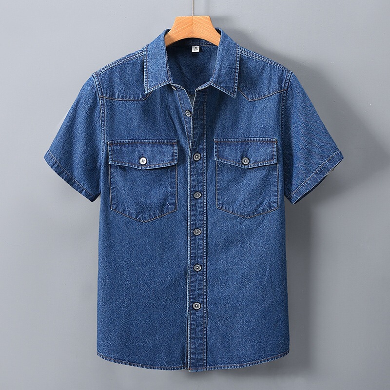 83072 Denim Shirt Men's Summer Large Size Thin Pure Cotton Half-Sleeved Jacket Slim Fit Lapel Short-Sleeved Work Shirt 83072 Denim Shirt Men's Summer Large Size Thin Pure Cotton Half-Sleeved Jacket Slim Fit Lapel Short-Sleeved Work Shirt