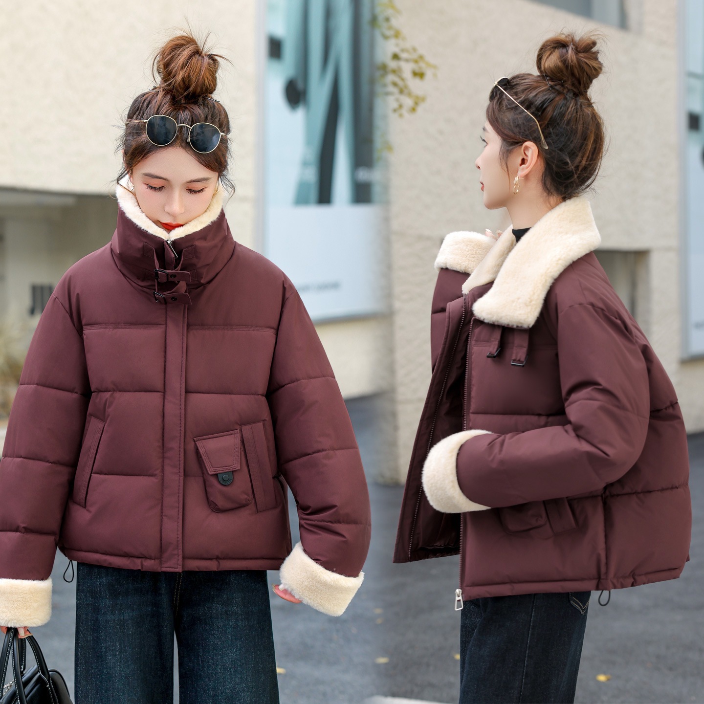 Spot 2025 invierno locomotora coreana estilo de viento casual suelto imitación de cordero calentamiento abrigo de algodón con solapa corta mujer image 1