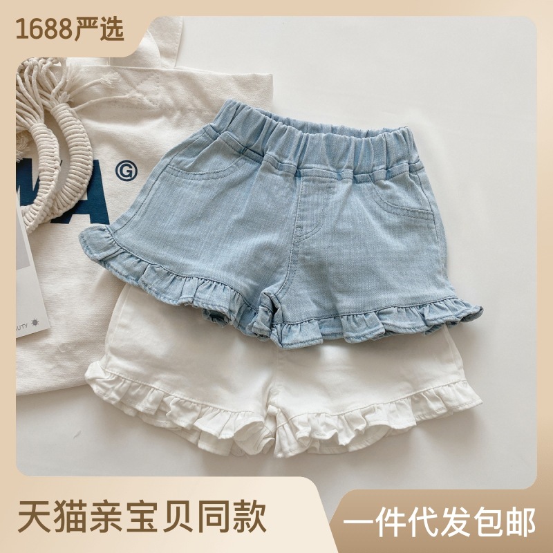 Stylish Soft Denim Shorts for Girls 2022 Summer New Korean Version Baby Mulberry Edge Hot Pants Children Fashion Pants