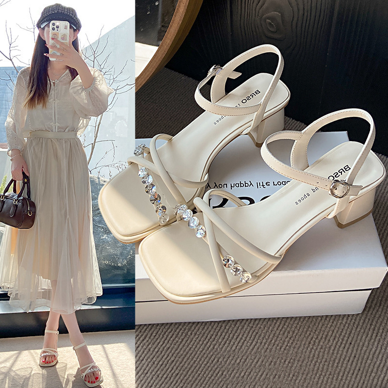 Wear with High-End Thick-Heeled Sandals, Women's Silver Skirt with Summer High-Heeled Shoes, Beach 2025 New Style with Square Toe
