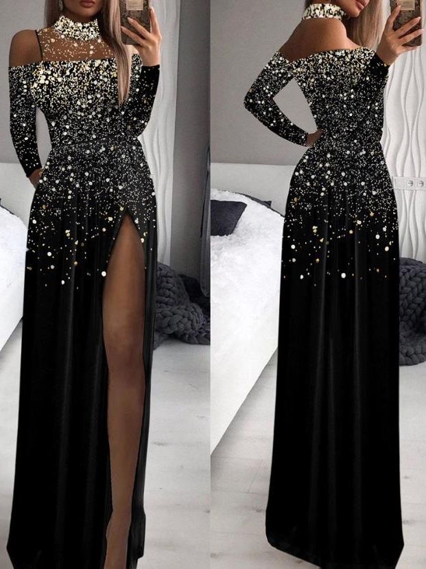 Europe and the United States cross-border Amazon independent station shiny gold printing long sleeve high collar mesh stitching high split dress