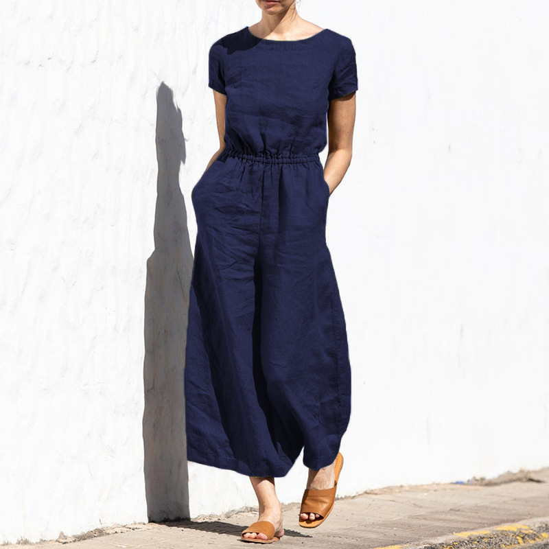 Cotton And Linen Jumpsuit Women Solid Color Sleeveless Pocket High Waist Wide Legs Jumpsuits Casual Commuting Ladies Bodysuits_voghion.com