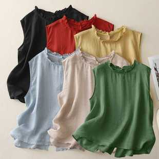 Real Shot of Reversible Fungus Collar Shirt for Women, New Summer Retro Sleeveless Shirt, Single-Breasted Cardigan Top