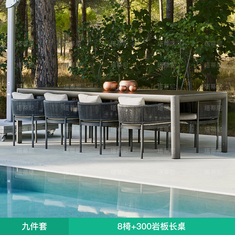 Mesas y sillas para exteriores, balcón con patio, protección solar y muebles de ratán impermeables para ocio, conjunto de mesa larga para terraza de jardín al aire libre image 17
