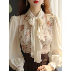 2025 early spring new white lace-up floral shirt for women with small European high-end small fragrance style base top