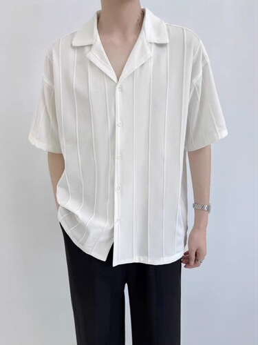 Guava Striped Shirt Men's Short Sleeve Summer Thin Ice Silk Loose Iron-Free Design Semi-Sleeve Shirt