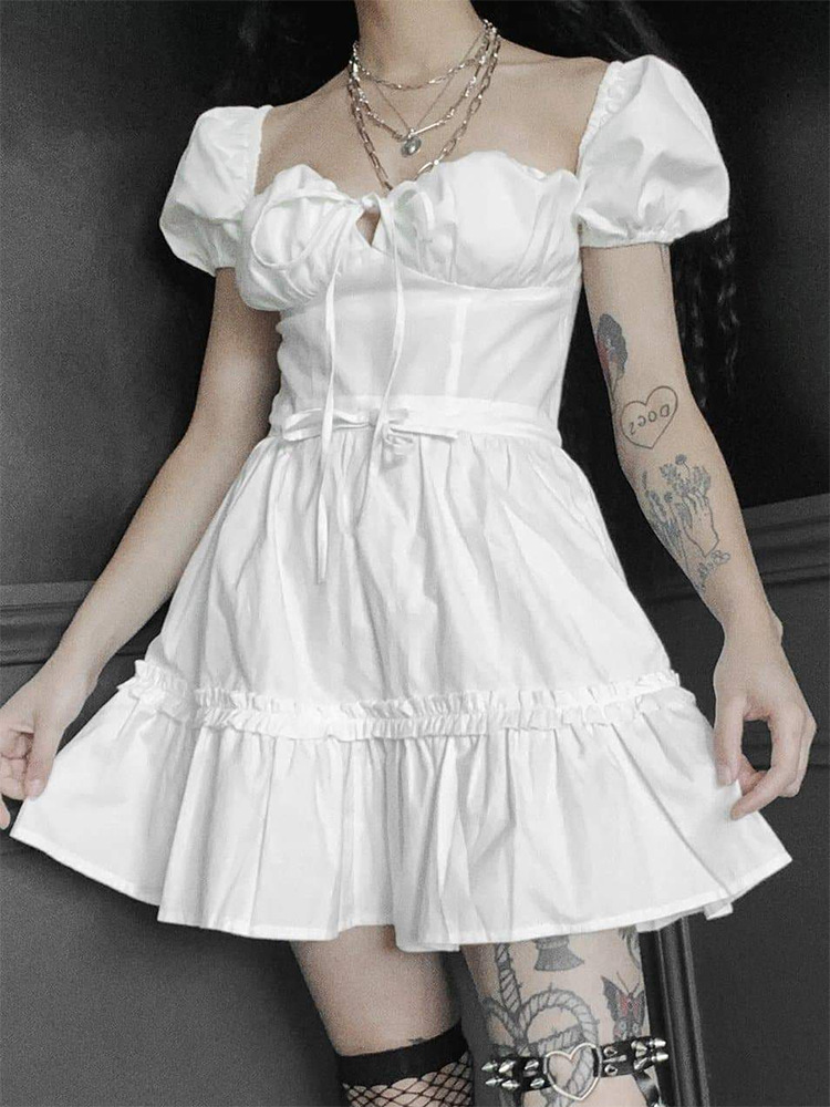 Gothic Style Lace-Up Puff Sleeve Dress NSGYB99723