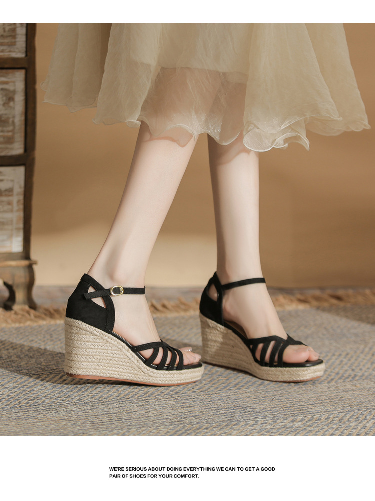 Sandal cao gót nữ hở mũi đế xuồng bọc dây thừng gót 9 cm — màu đen chi tiết 15