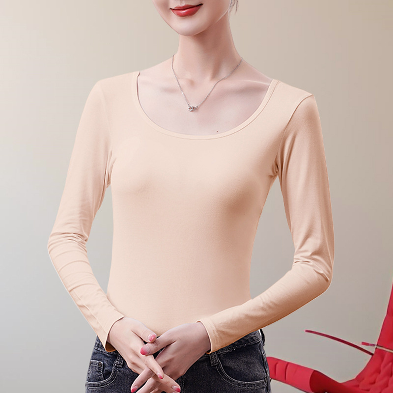 モーダルの低襟の底のシャツの女性の春と秋冬の内は丸首の長袖のtシャツの薄い金の修身の保温の上着の新型を掛けます。