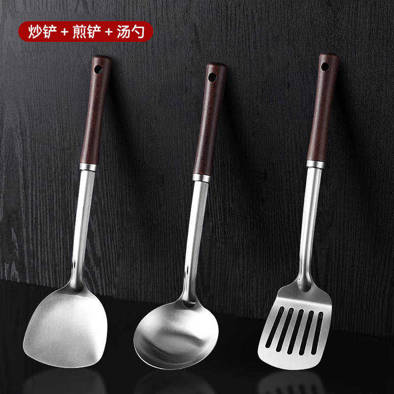 Nuevo juego de utensilios de cocina de acero inoxidable de cuatro piezas de sándalo de ébano