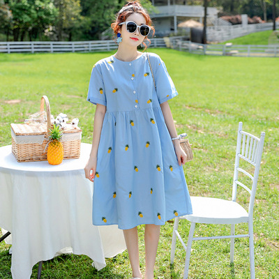 pregnant woman Dress summer Korean Edition Large pineapple Open in the front buckle lactation Mid length version Dress XF2117