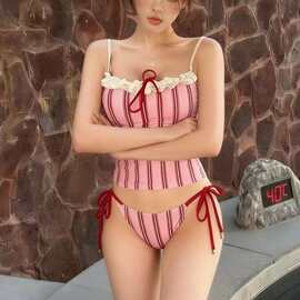 泳衣美式辣妹拼色条纹木耳边分体泳衣女bikini海岛度假泳装