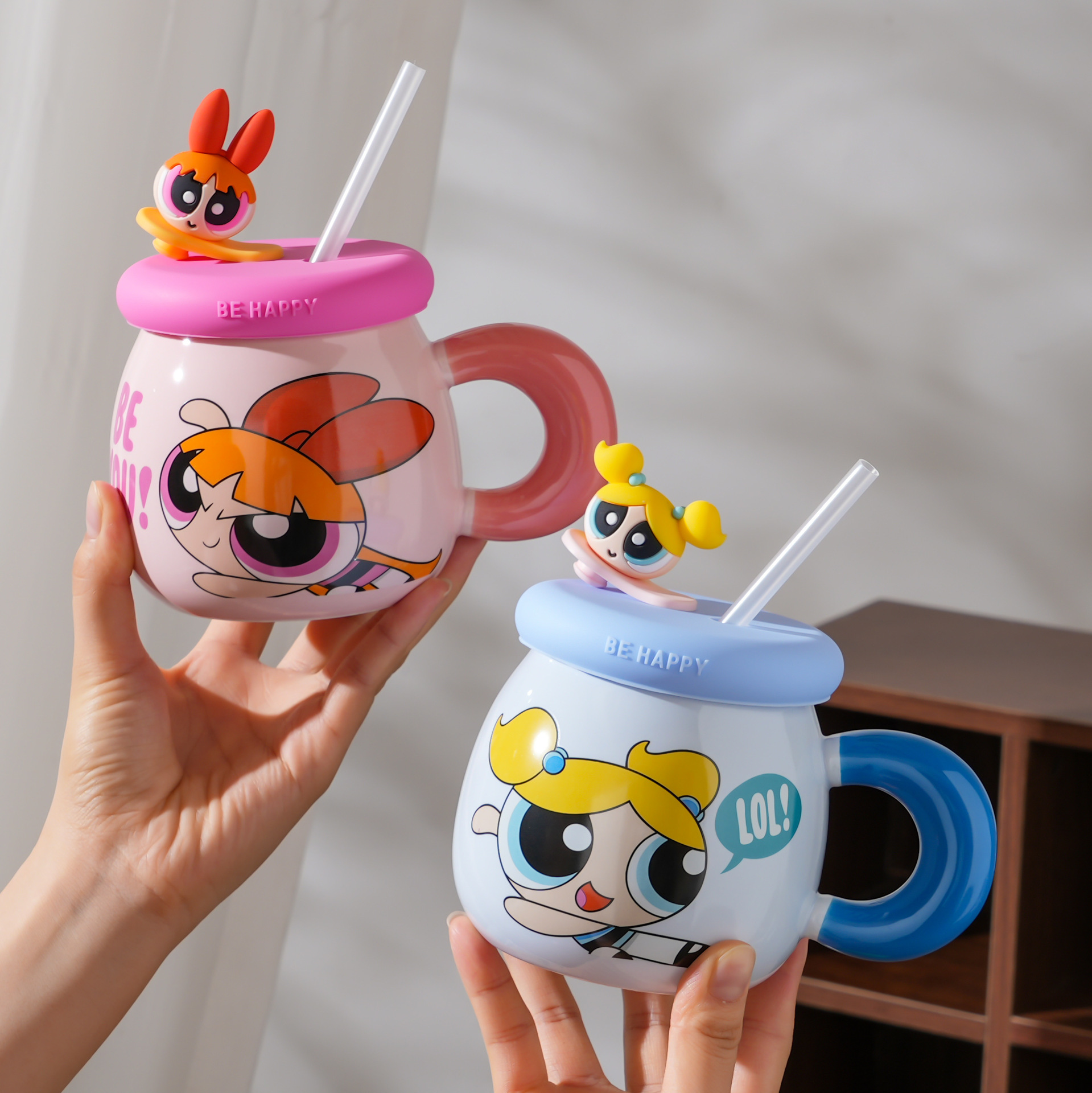 Taza de cerámica Powerpuff Girls con tapa, diseño lindo, ideal para café y regalo de cumpleaños.