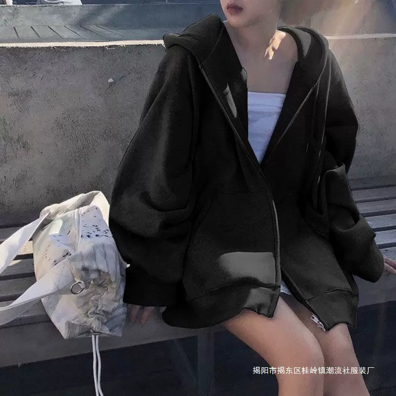 灰色薄款拉链卫衣女春秋季韩版休闲外套大码宽松运动连帽纯色上衣