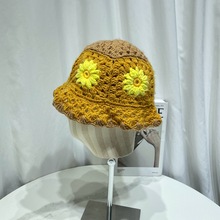 蔡依林同款雏菊编织花朵手勾棉线渔夫帽女甜美撞色海边度假盆帽潮