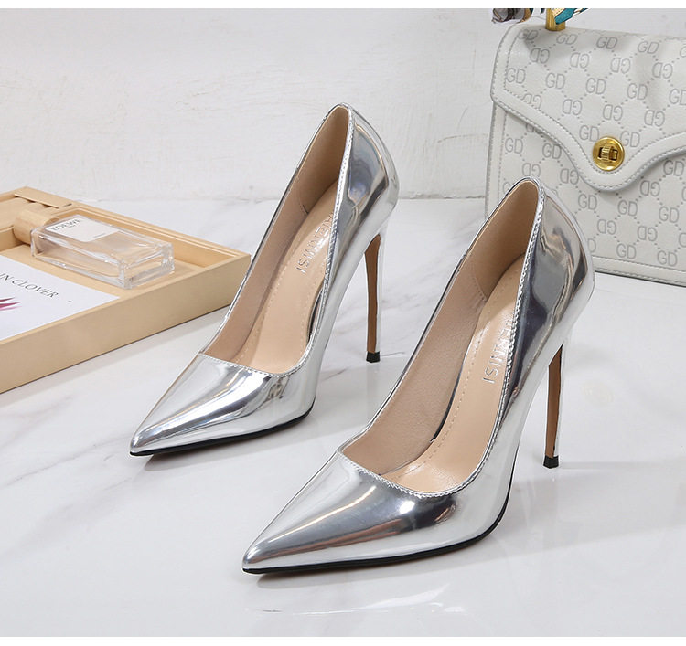 Giày cao gót mũi nhọn gót thanh mảnh 12 cm phong cách Pháp, cỡ lớn — Màu bạc, Màu vàng, Màu vàng sâm panh, Màu đậm chi tiết 30