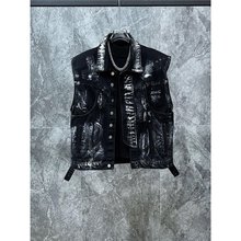 型男潮男/新款小众美式做旧复古牛仔马甲套装潮牌帅气破洞设计感