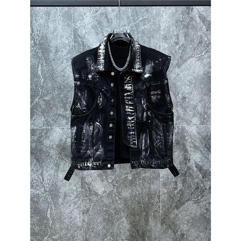 型男潮男/新款小众美式做旧复古牛仔马甲套装潮牌帅气破洞设计感