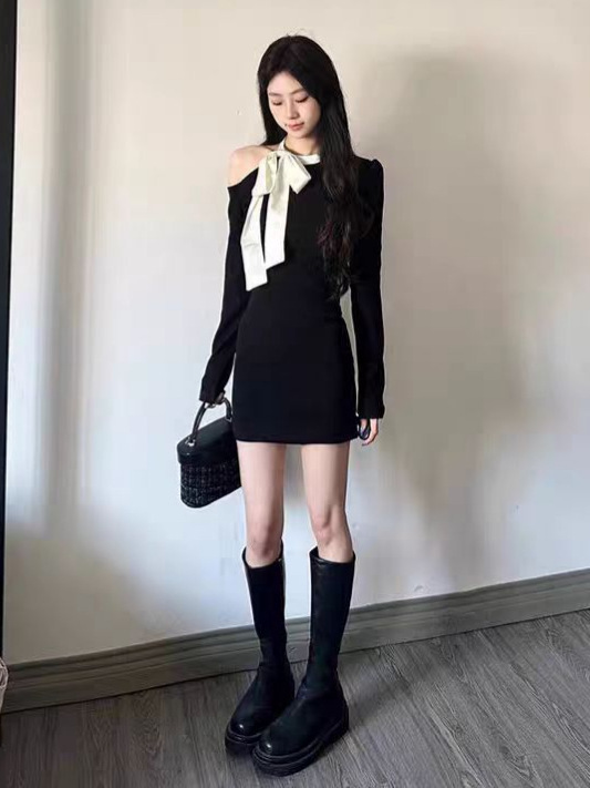 赫本小香风露肩蝴蝶结针织小黑裙子女秋季轻奢高级感晚礼服连衣裙|undefined