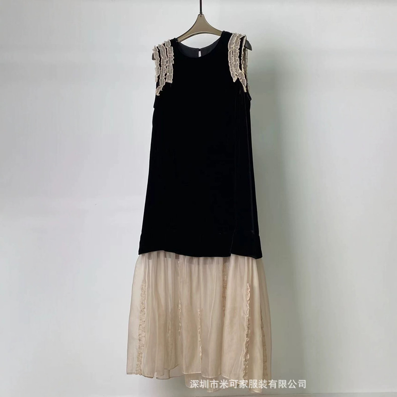 Elegant Socialite Style Silk Velvet Round Neck Ruffle Trim Long Dress Women's Mulberry Silk Sleeveless Tank Dress Summer