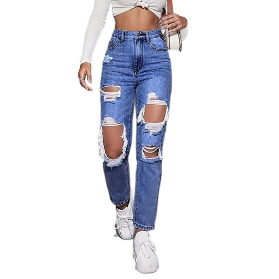 Amazon eBay Ripped Jeans Women 2024 New European and American Trend Washed Ripped High Waist Straight Pants