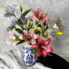 1花1蕾復古秋色3D效果雙頭油畫百合花仿真花假花花藝家居裝飾花材