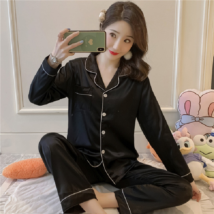 Pijama de comercio exterior de seda para mujer de verano de manga larga de color sólido estilo coreano suelto WeChat LIVE Home wear suit mujer transfronteriza