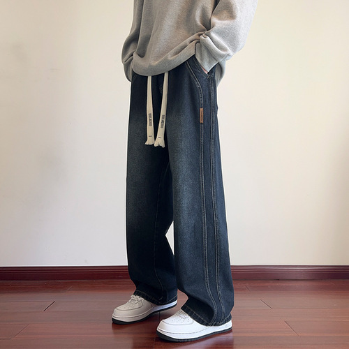 Autumn and Winter New Fleece-Lined Jeans for Men — Washed-Effect, Loose-Fit, Straight-Leg Casual Trousers—Trendy American-Style High-Street Pants