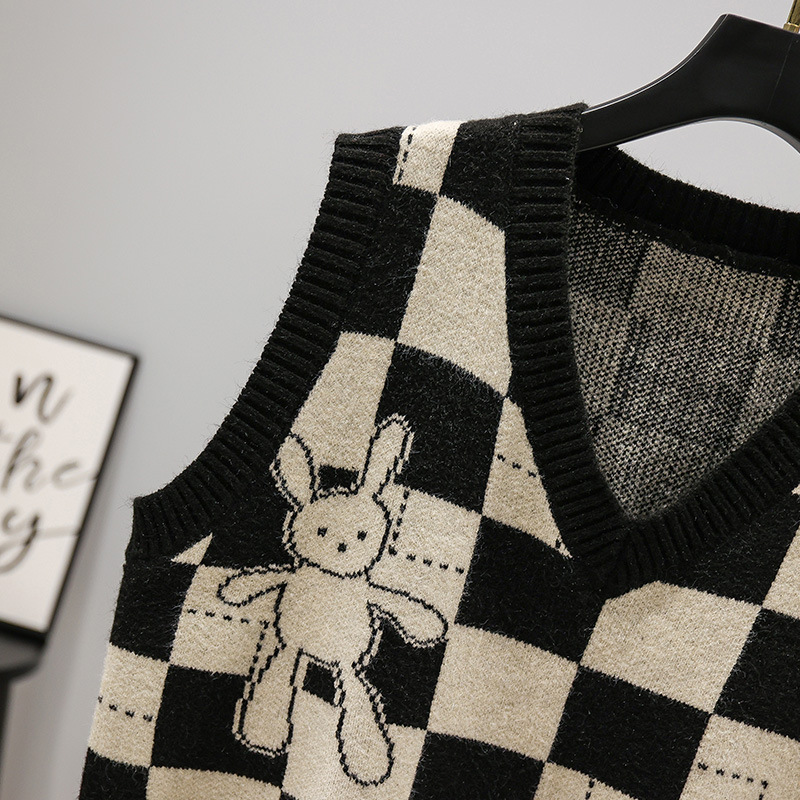Otoño e invierno Chaleco de punto a cuadros para mujeres 2023 estilo coreano nuevo chaleco con cuello en V image 4