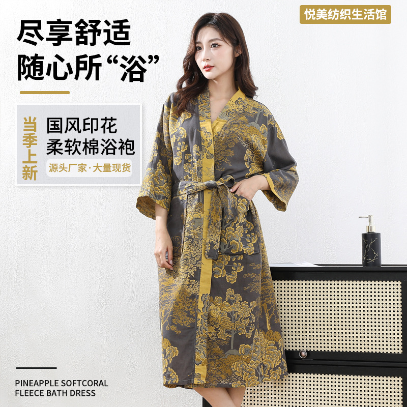 批发典雅国风黑金配色绑带棉浴裙舒软细腻干爽透气居家穿休闲睡裙