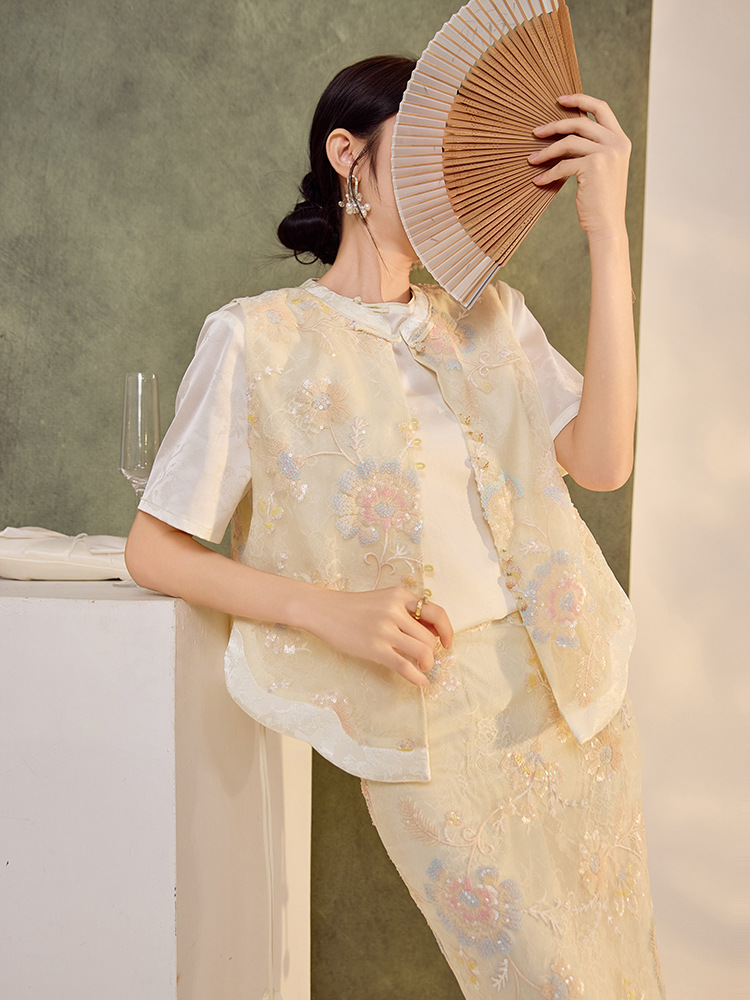 Bộ áo vest và váy nữ phong cách Trung Hoa thêu hoa văn nặng, nút tua rua ZX N5035 — Váy nửa, Áo gilê
