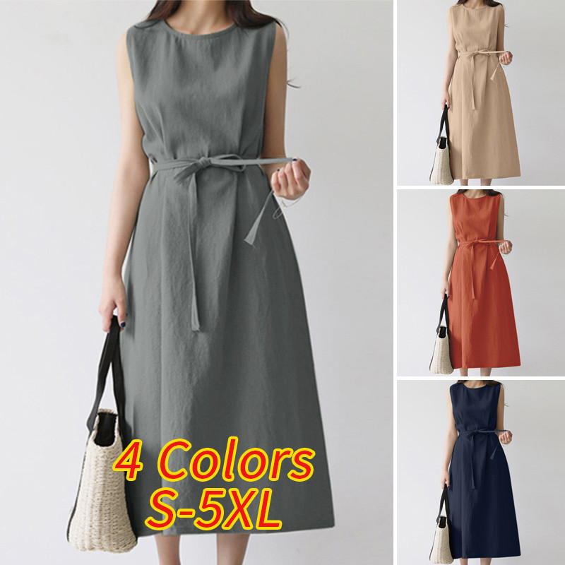 European And American Cross-border Women's Fashion Loose Bohemian Sleeveless Round-neck Solid Color Cotton-linen Long_ecoleips.com