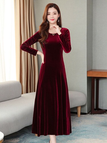 Velvet Chic Dress for Spring, Autumn, and Winter - Long Skirt Mother's Baseqiu Covering Stomach, Elegant and Thick Knee-Length