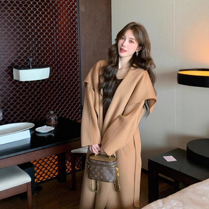 Camel Double-Sided Cashmere Outwear for Women 2025 Winter New Style Mid-Length Large Lapel Woolen Outwear Versatile