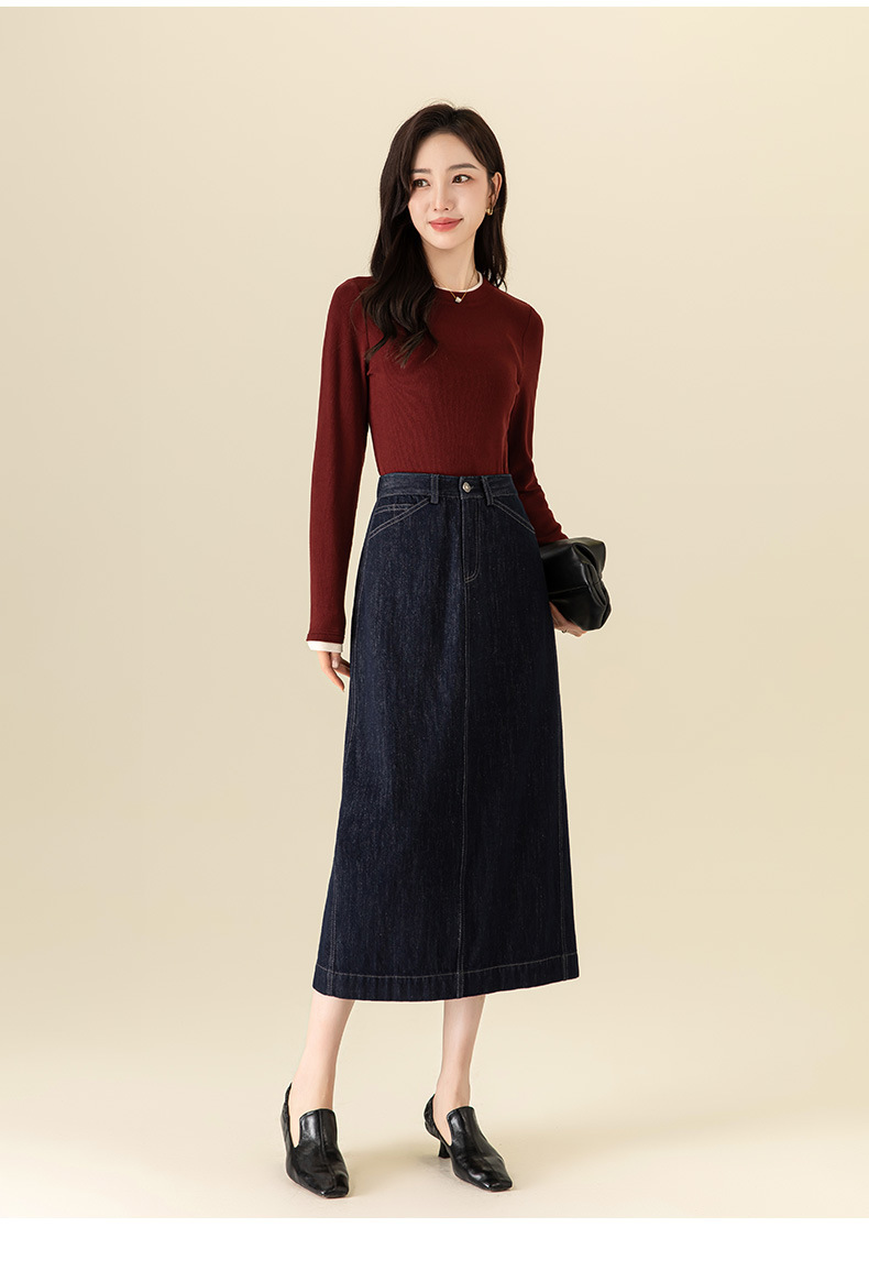 Chân váy jean nữ dài cạp cao co giãn dáng chữ A — Màu xanh denim chi tiết 26