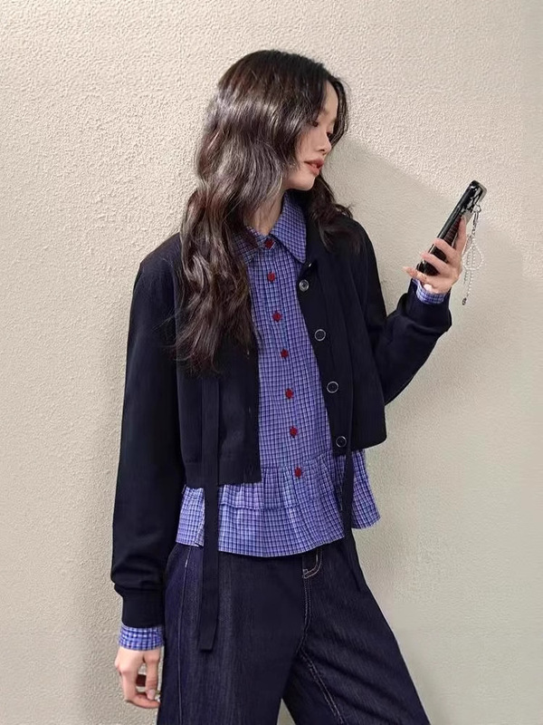 含棉miu系蓝色格子衬衫女2025春季新款荷叶边长袖衬衣上衣短款秋|undefined