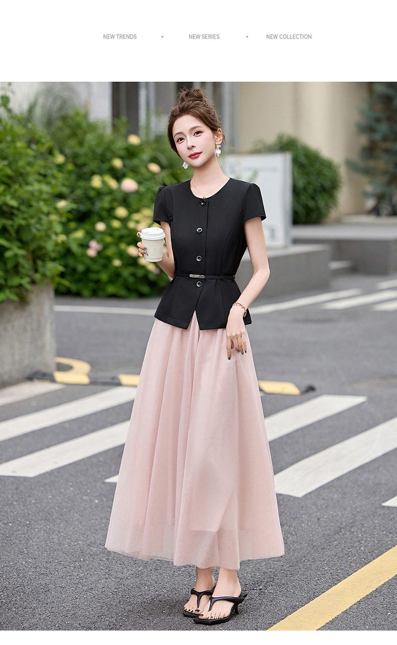 Bộ váy hai mảnh nữ cổ V thắt dây eo, áo sơ mi phối chân váy midi — màu đen chi tiết 16