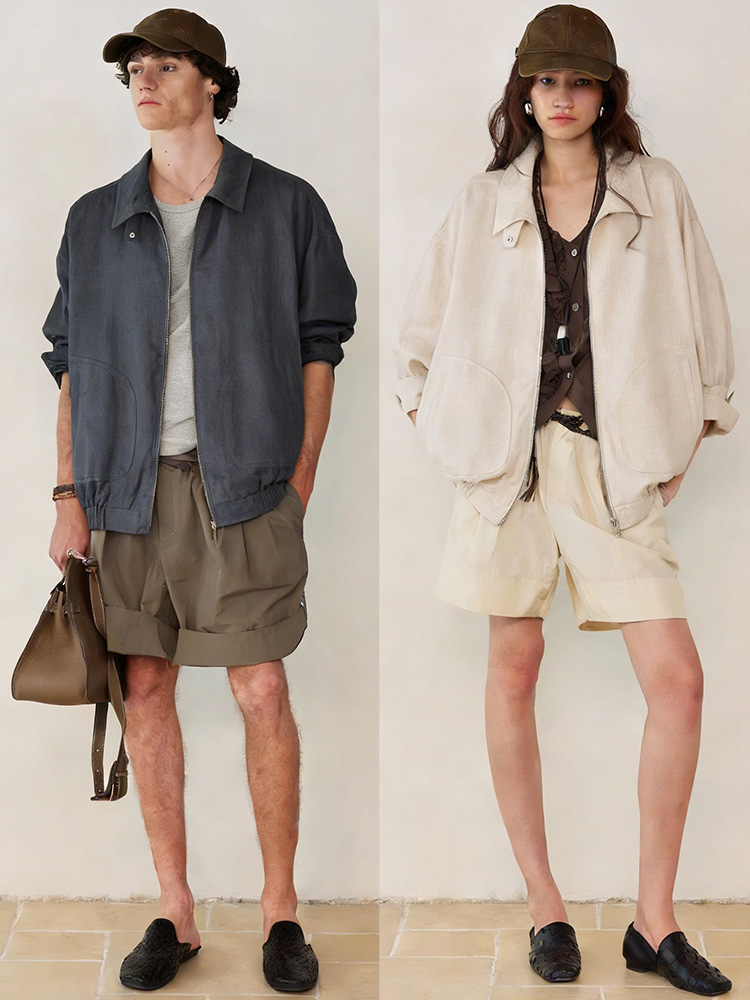 100% Linen Jacket, American Style, Spring, Loose Fit, Stand Collar, Zip-Up, Unisex, Casual, Old Money Style Jacket