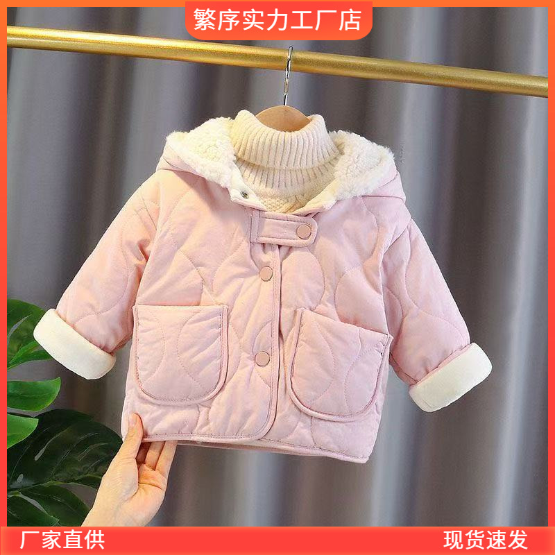 女童冬款加绒加厚夹棉外套新款洋气儿童棉服毛毛兔耳朵外套加潮流