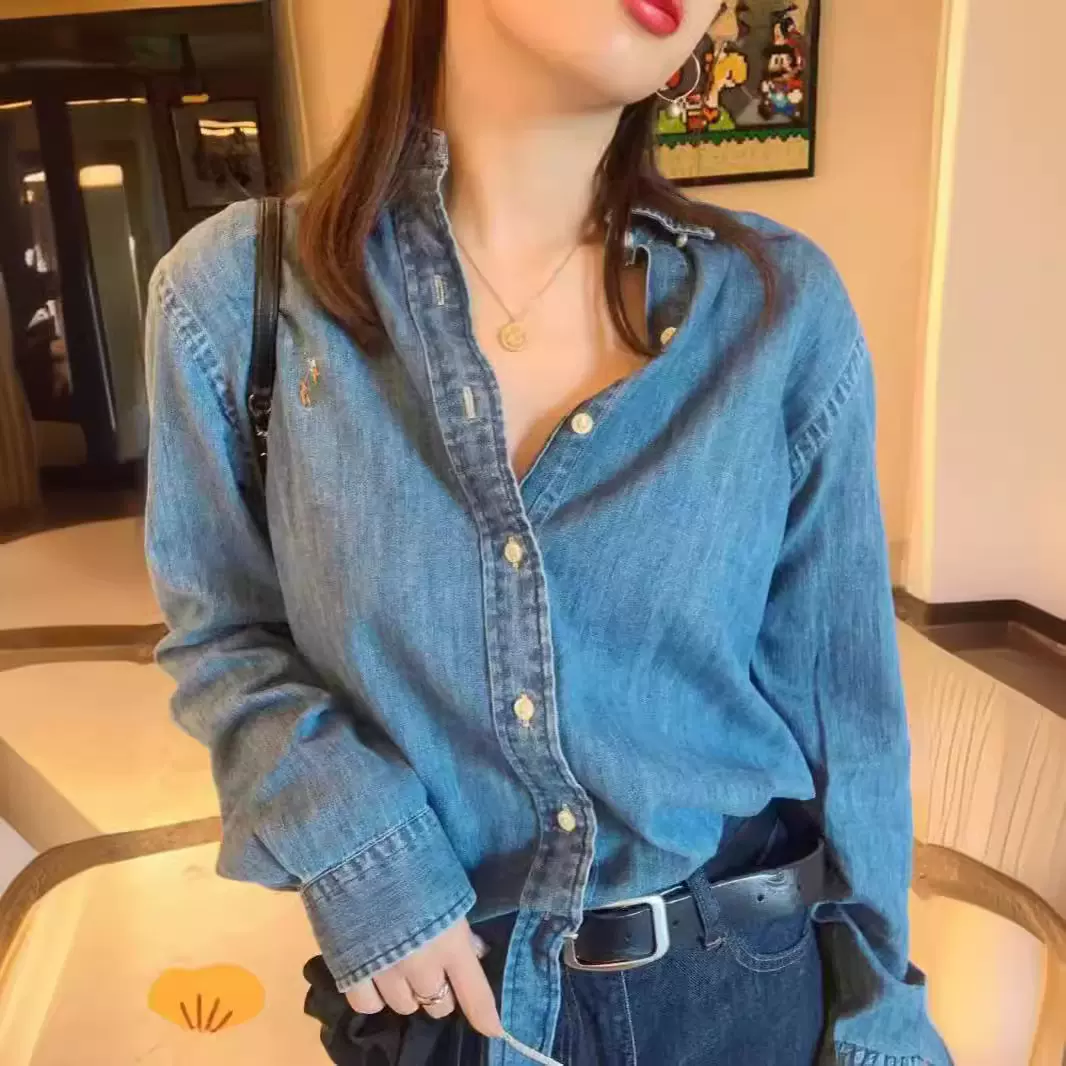 RL现货可扫码拉夫牛仔衬衫男女同款时尚百搭刺绣小马标polo领衬衣
