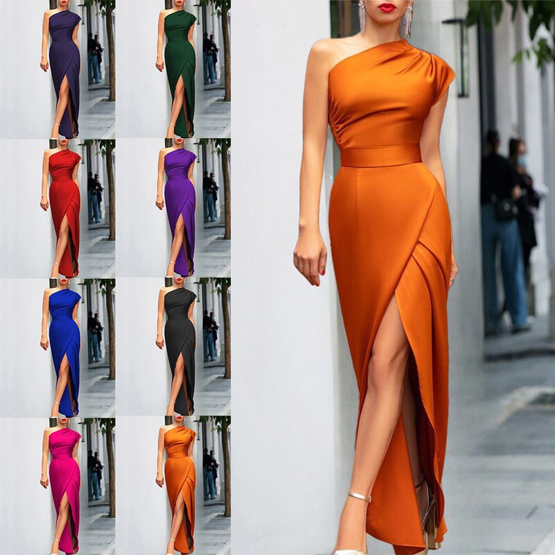 2025 New European and American Popular Women's One-Shoulder High-Waisted Front Slit Elegant Dress Amazon Best-Selling Dress