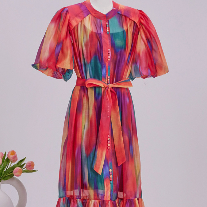 Extended Age-Reducing Versatile Puff Sleeve Mid-Length Waist-Cinching Shirt Dress 2025 Spring Women's Single-Breasted Printed Tie Dress