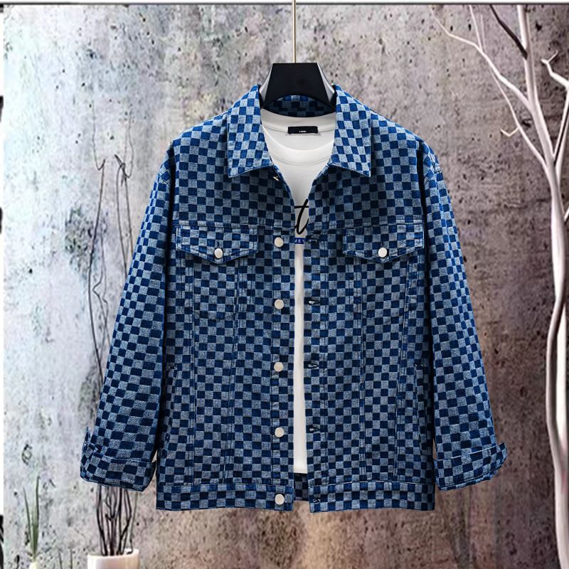 2024 New Lapel Denim Shirt Men's Spring and Autumn Handsome Checkerboard Denim Jacket Couple's Autumn Jacket