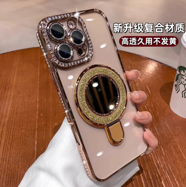 适用iphone17promax闪钻闪粉镜子支架手机壳苹果16水钻优盾磁吸壳|undefined
