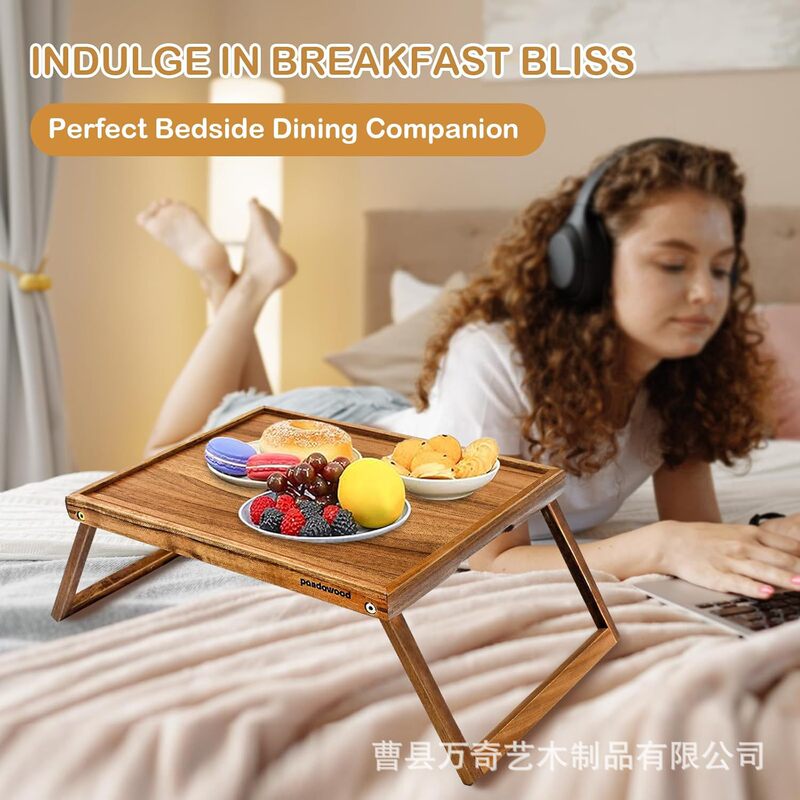 Acacia wood bed folding table retro bed tray table with legs breakfast snack tray computer tray portable