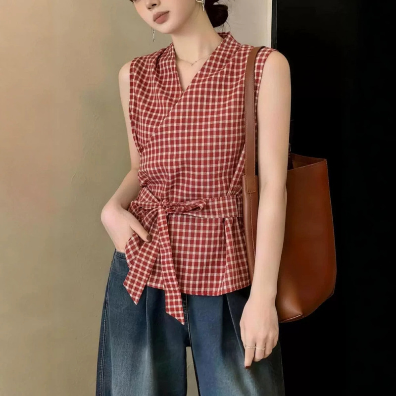 Fashionable French-Style V-Neck Tie-Waist Plaid Shirt for Women, Summer Plus-Size, Elegant and Versatile Top for Work