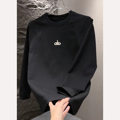 男士秋季圆领拼接修身型字母套头长袖T恤韩版春秋时尚休闲情侣
