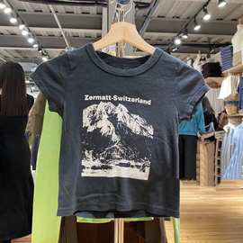 BM风 美式雪山印花修身显瘦短袖棉T恤女夏bm辣妹漏肚脐短款上衣女