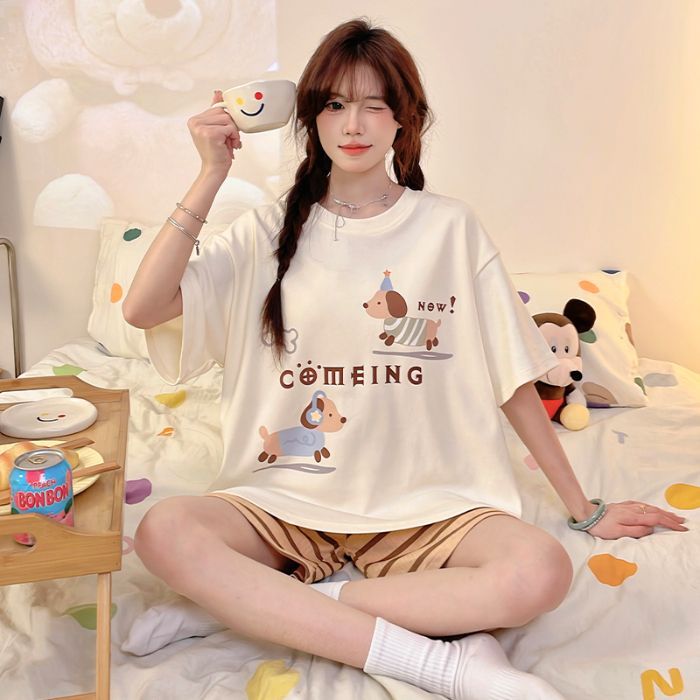 Venta al por mayor transfronteriza nuevos pijamas mujeres verano imitación algodón jersey pantalones cortos de manga corta lindo cachorro traje de servicio a domicilio de dibujos animados